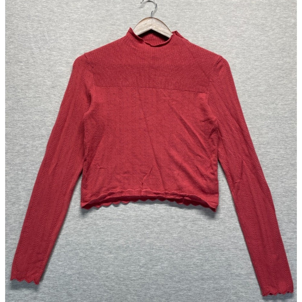 Forever 21 Ribbed Knit Cropped Top Women Large Red Rayon Mock Neck Scalloped Hem